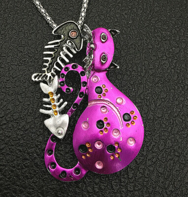 Fuchsia Kitten Cat with Fish Bone Pendant Long Necklace/Brooch