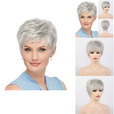 Perücke Pixie Kurzhaar Damen Silberweiß Remy Haar 21-23 Z
