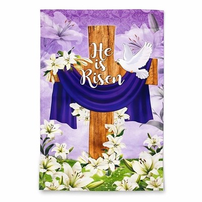 He Is Risen Easter Garden Flag Cross Dove Lilies Religious Spring Decor NEW