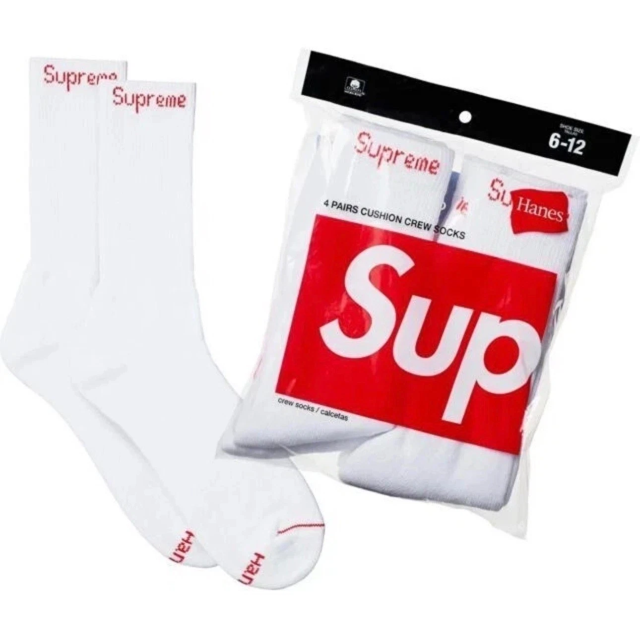 Supreme X Hanes Crew Socks 4 Pairs 8 Socks Cushion White 6-12 Fast Free Shipping