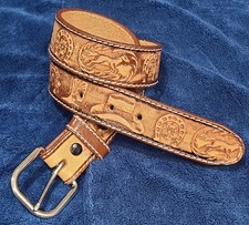 Youth Western Tooled Tan Leather Belt Sz. S L-28 W 22-26 EUC Hand Tooled Decor