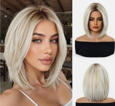 Short Bob Rooted Blonde Synthetic Hair Wigs With Bangs Women Soft Natural