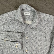 ETON Shirt Mens 38/15 White Blue Paisley Geometric Long Sleeve Button Up Dress