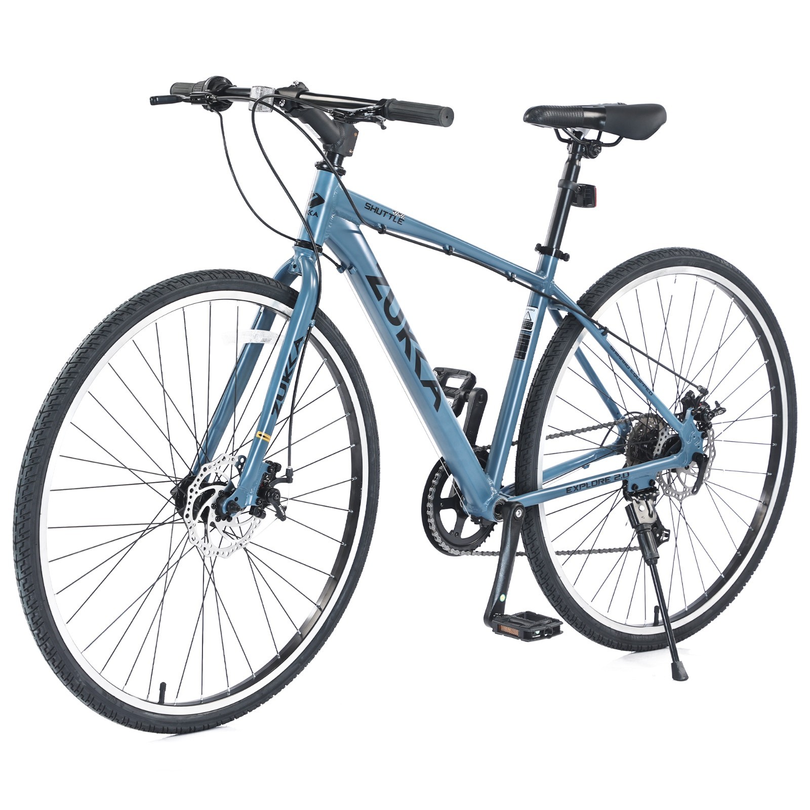 ZUKKA 7Speed Hybrid Bike Aluminum Frame Double Disc Brakes 700C Road Bike Blue