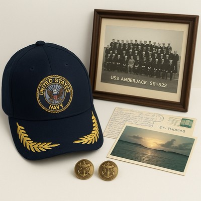 US Navy Memorabilia Set Cap Buttons Postcard USS Amberjack SS522 Crew Photo