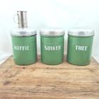 Vintage CANISTER SET Enamelware Coffee Sugar Tea Reseda green Enamel Jars