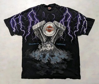 Vtg 1990s Harley Davidson Thunder & Lightning T Shirt All Over Print AOP 2XL