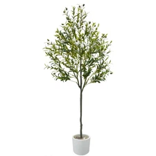 Artificial Olive Tree, 6ft Fake Olive Branch Leaves Plant with White Pot, Per...
