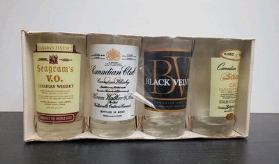 Canadian Whiskey Glass lot of 4, Seagrams V.O., Black Velvet, Schenley & C. Club