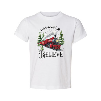 Unisex Christmas Train T Shirt With Red Steam Locomotive And Believe Graphic Art