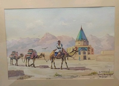 1952 Tehran Watercolor Painting A Sarkissian Studio Hayrapetian Camel Caravan