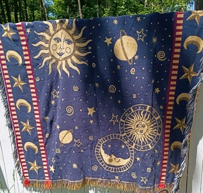 RARE Vintage Goodwin Celestial Sun Moon Tapestry Blanket Zodiac 5 X5 Ft Hippie 