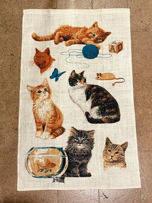 Vintage CAT Dish or Tea Towel by Kay Dee Handprints 100% Linen 6 Cats UNUSED