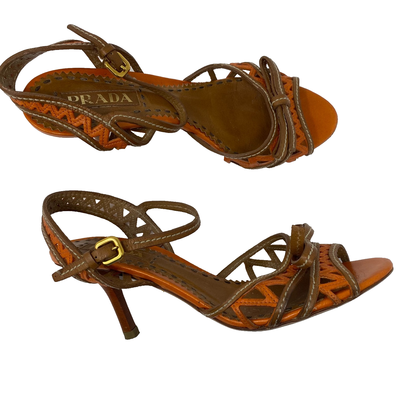 Prada orange brown leather laser cut sandals size 38 made in Italy-image