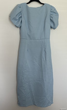 Women’s Blue Solid Midi Dress, Square Neck, Puff Short Sleeve, Zip, M