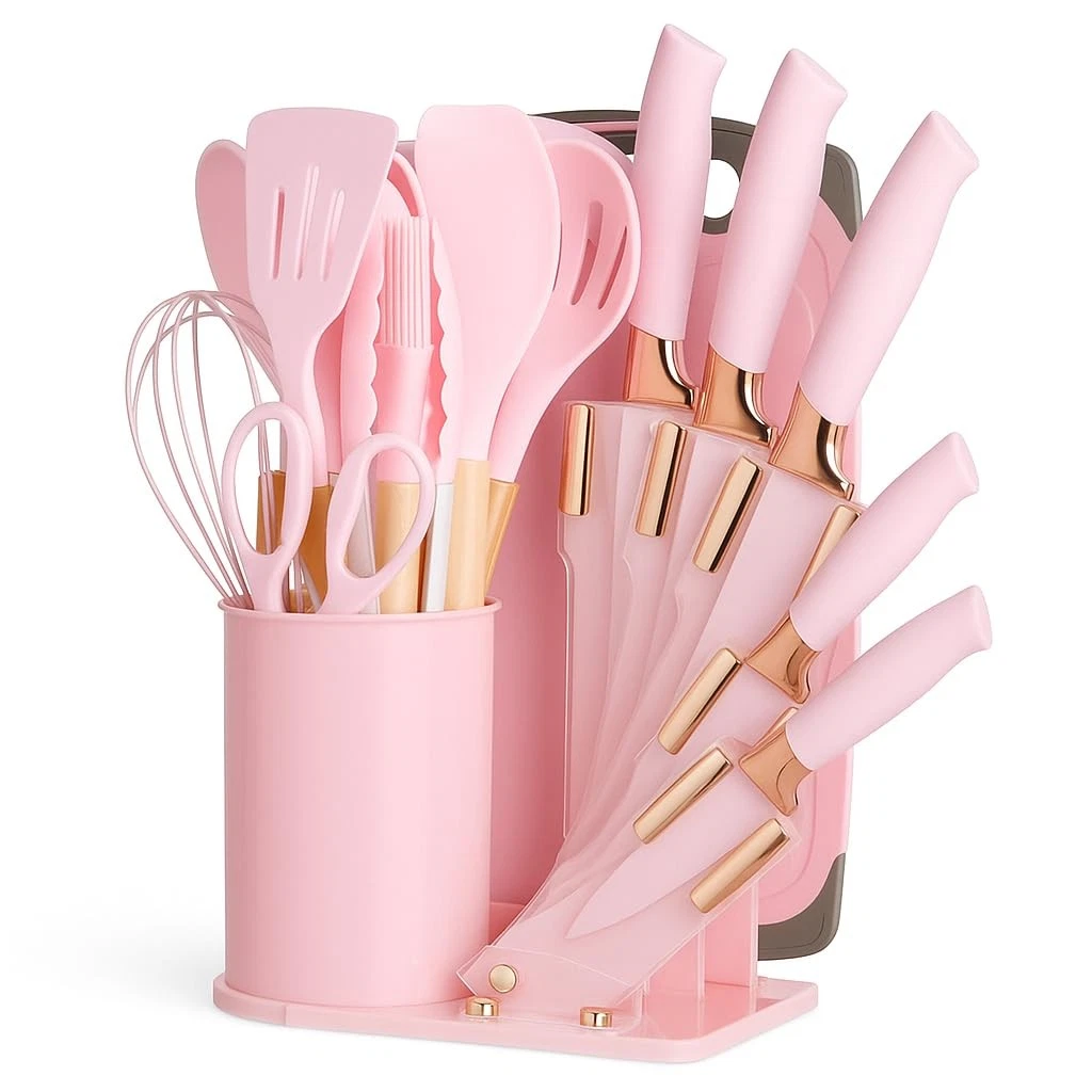 19-Piece Pink Kitchen Utensil Set – Silicone Cooking Tools with Wooden Handle...