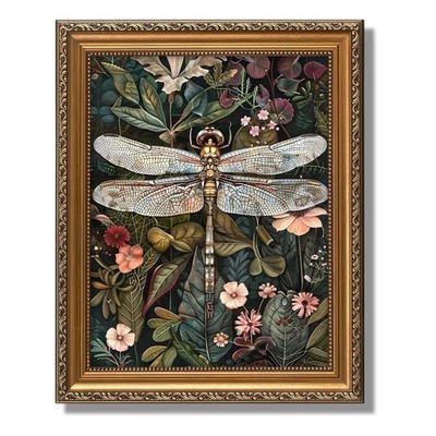 ASTRDECOR Gold Framed Vintage Wall Art - Dark Green Dragonfly & Floral Botani...