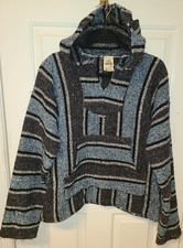 Mexican Baja Hoodie Sz LG Poncho woven Mexican Hooded Sweater Surfer Baja Blue
