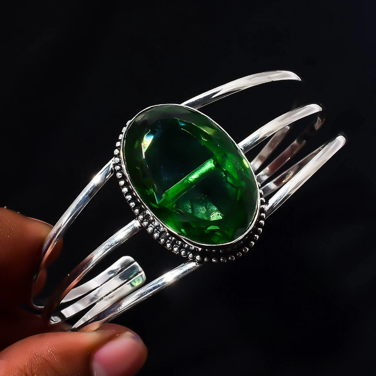 Peridot Quartz Gemstone 925 Sterling Silver Handmade Bangle Jewelry Gift For Her