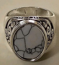 Mens Handmade White Turquoise Men Silver Ring, Oval Gemstone Ring Size 11 NEW