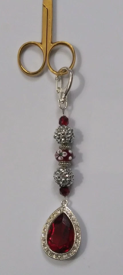 Lg Rhinestone Ruby Pear Shape Beaded Fob & Vig Gold Plate Embroidery Scissors - Image 2 of 3