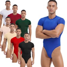 Men's One Piece Thongs Bodysuit Short Sleeve Button Crotch Rompers Underwear