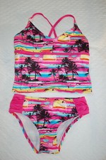 Girls Swimsuit 2 PC TANKINI SET Pink Blue Yellow SUNSET PALM TREES Size XS S M L