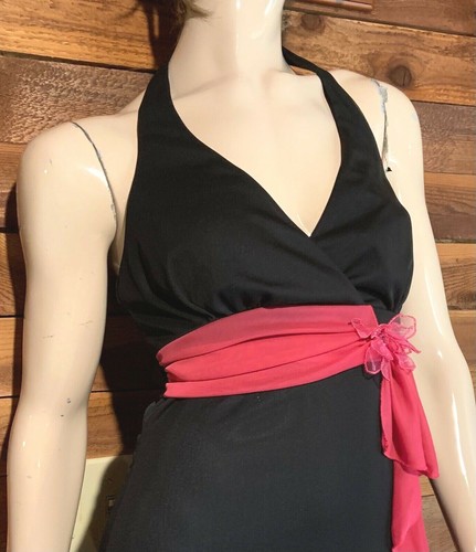 VINTAGE 1980s RUBY ROX BLACK SIZE MEDIUM HALTER DRESS with PINK TRIM #13928 - Picture 6 of 9