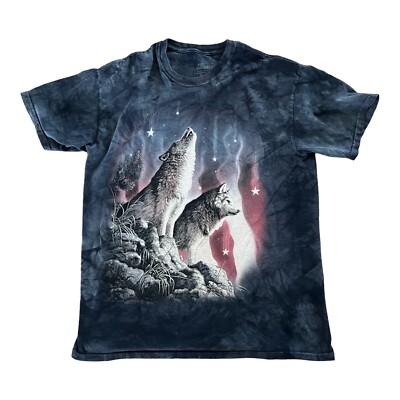 Vintage The Mountain T Shirt Mens Large Patriotic Wolves Howling Blue Tie Dye