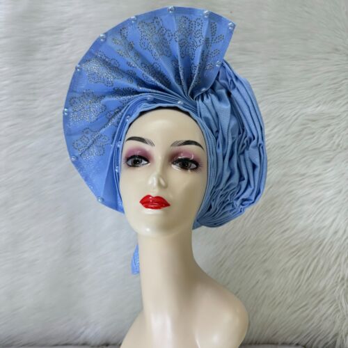 African Aso-Oke Gele Fabric Turban Headtie Auto Gele Rhinestones Head Wear Hat - Bild 23 von 25