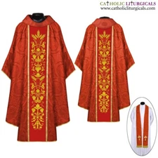 NEW RED Gothic Vestment & Stole Set with Embroidery, Chasuble, Casulla, Casel