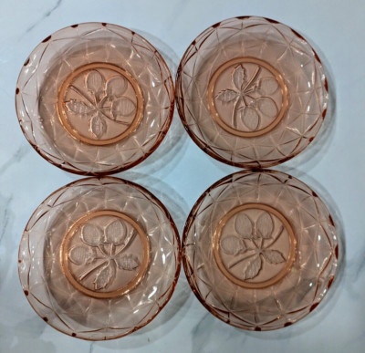 4 Pink Depression Glass Dish With Strawberry Pattern 5 3/4'' Adorable  Bread,Cake