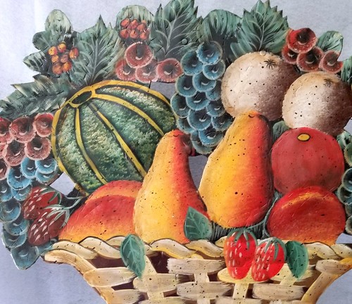 Cesta de frutas vintage hndpntd 19" X 22" toleware de metal pantalla de fuego caliente - Imagen 6 de 10