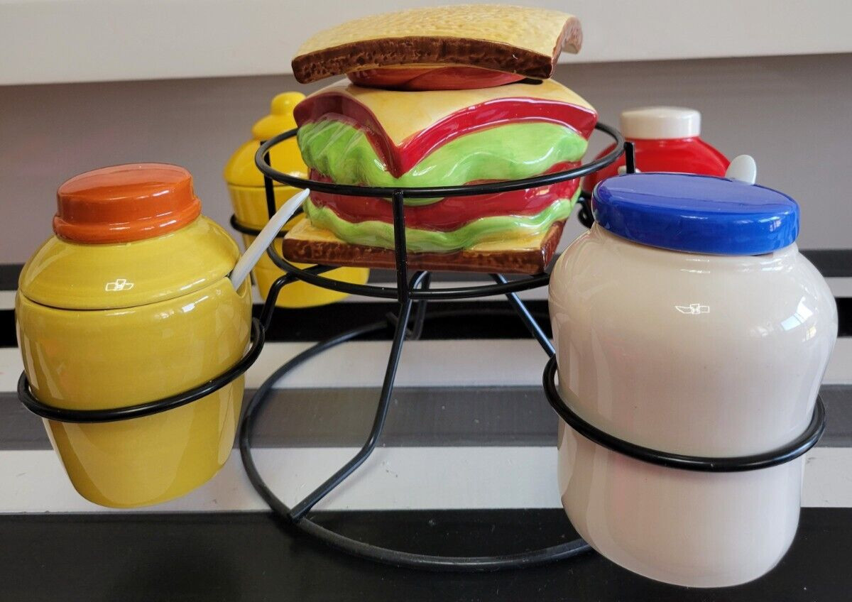 PIER 1 IMPORTS SANDWICH CONDIMENT SPINNER BLACK METAL HOLDER AND 5 CONTAINERS