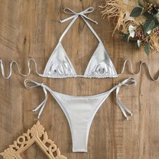 New Women's Metallic Bikini Halter Triangle Top Swimsuit Tie Side Swimwear