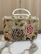 Vtg 50  s White Wicker Beaded Handbag Floral Tropic Miami Florida Lucite Top