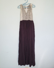 Forever 21 Women Sz S Maxi Dress Stripe Brown Sleeveless V Neck High Slit Cotton