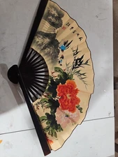 Vintage Large Japanese Hand Painted Decorative Fan Birds Floral Signed