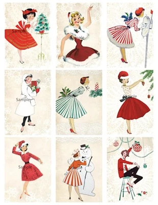Vintage Christmas Women Tree Retro 9 x Gift Tag Craft Card Topper Journal - image 1 of 2