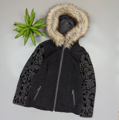 Kaiseralm Auzinger Austrian Wool Jacket Grey Damask Pattern Fur Hood WMN Sz M/L