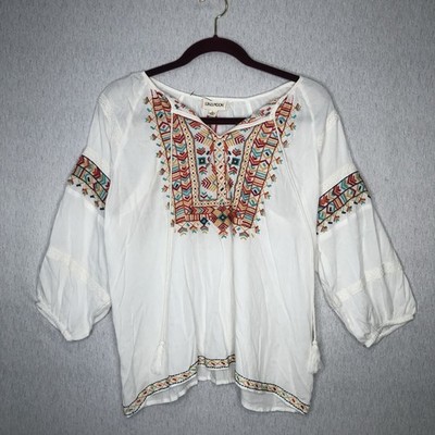 Luna Moon Blouse NWT Womens L Embroidered Lace Folk Peasant Aztec Tassels White