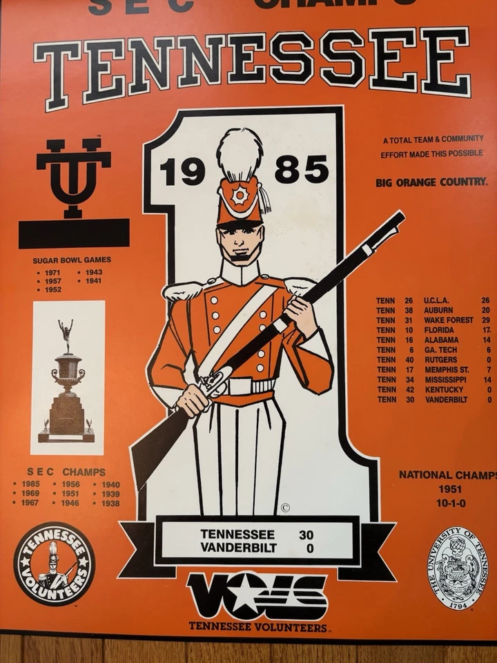 Vintage 1985 Tennessee Volunteers Football SEC Champions Poster 🍊💥 Awesome! - Image 2 of 4