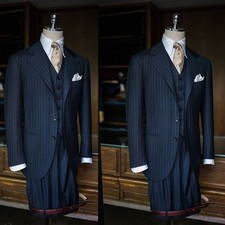 Navy Striped Men's Suits Business Wedding Set Jacket Vest Pants Regular 3 Pieces