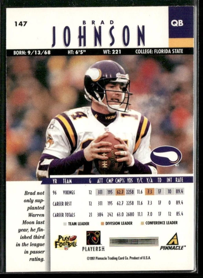 1997 Pinnacle #147 Brad Johnson - Image 2 of 2