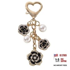 Heart Pearl Flower Keychain Elegant Crystal Gold Keyring With Black Flower