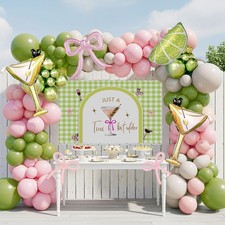 A Tini Bit Older balloon garland arch kit with Pink oilve green balloons Lemo...