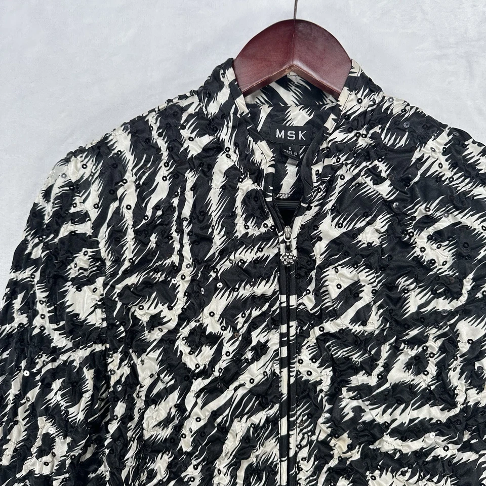 复古 MSK 夹克女式 S 斑马缎亮片纹理 90 年代 Y2K 拉链 Glam — 第 2/4 张图片