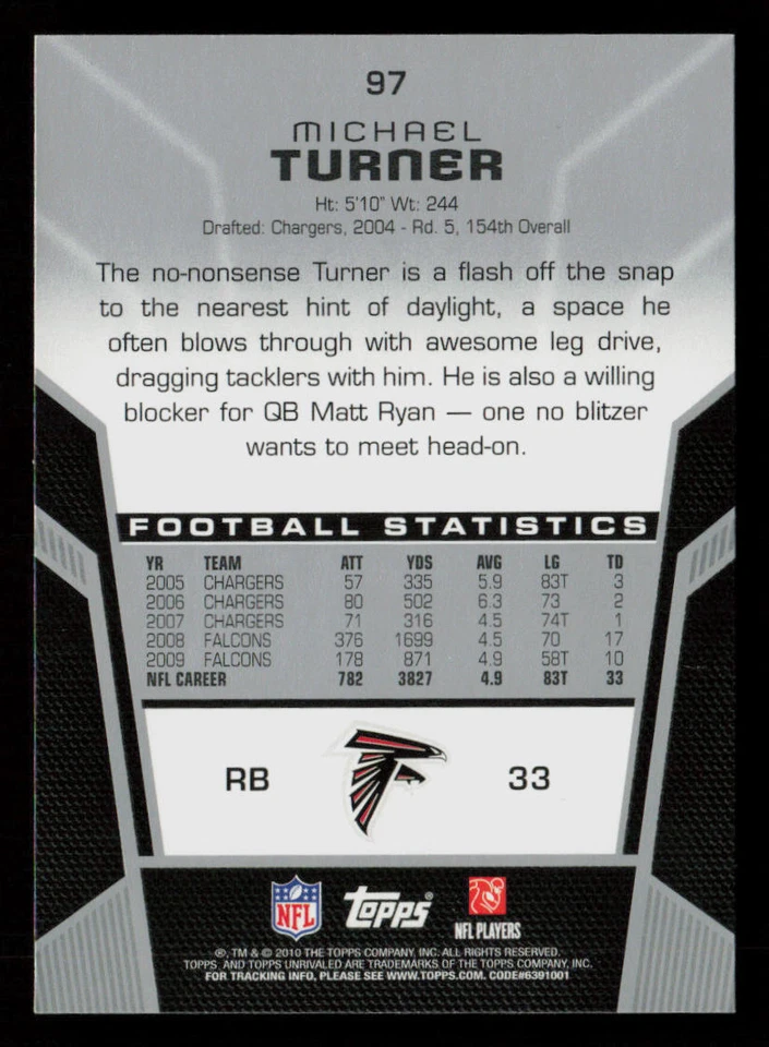 Michael Turner 2010 Topps Unrivaled #97 Atlanta Falcons Football Card - Image 2 of 2