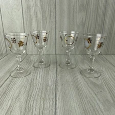 4 Vintage Libby Frosted Gold Leaf Liquor Cordial Sherry Glasses Stem MCM Retro