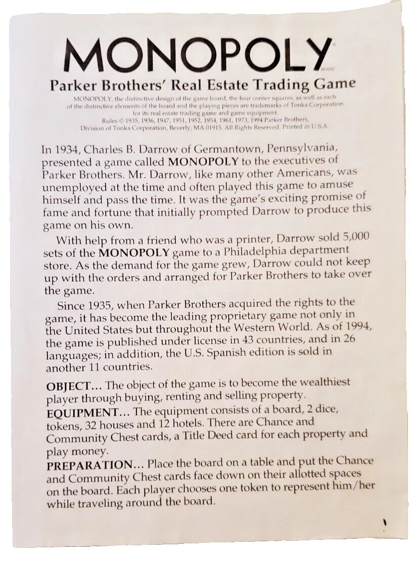 Juego de Mesa de Juego de papel Parker Brothers piezas y piezas